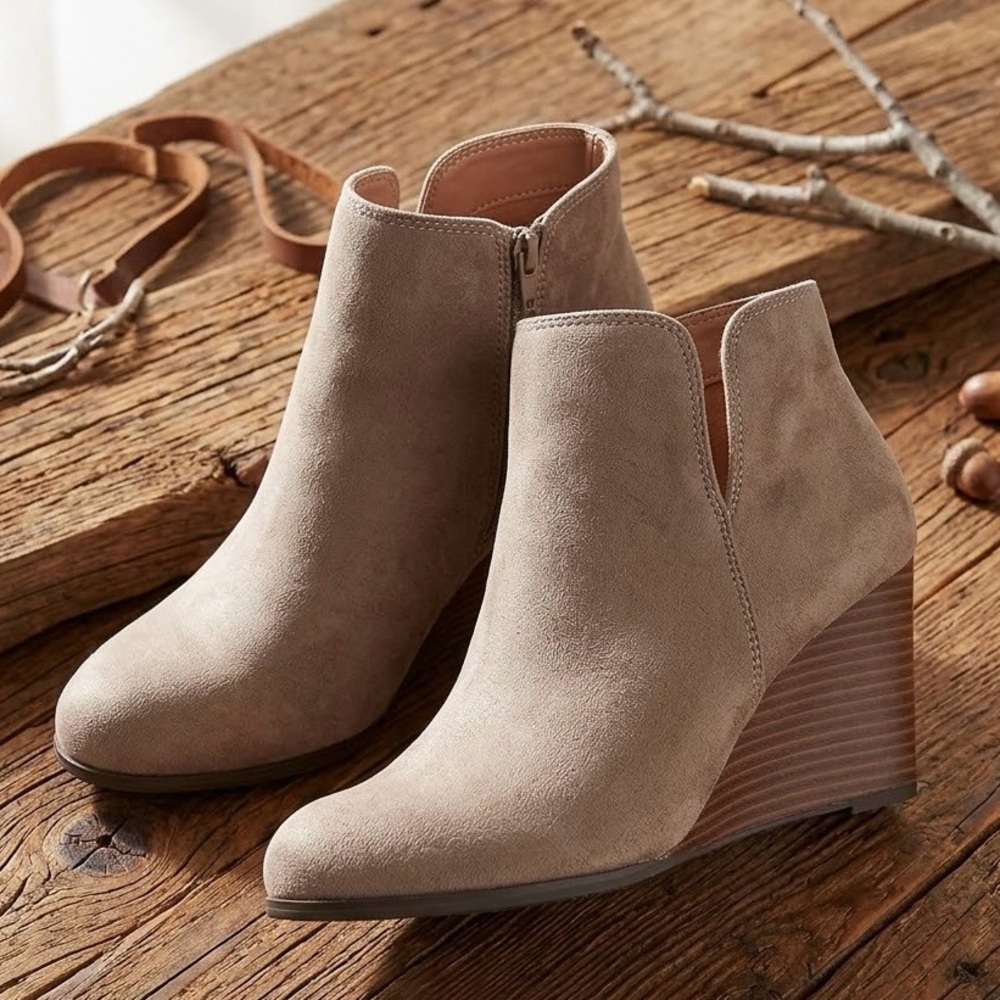 Taupe Suede Wedge Ankle Boots - Women's Stylish Booties